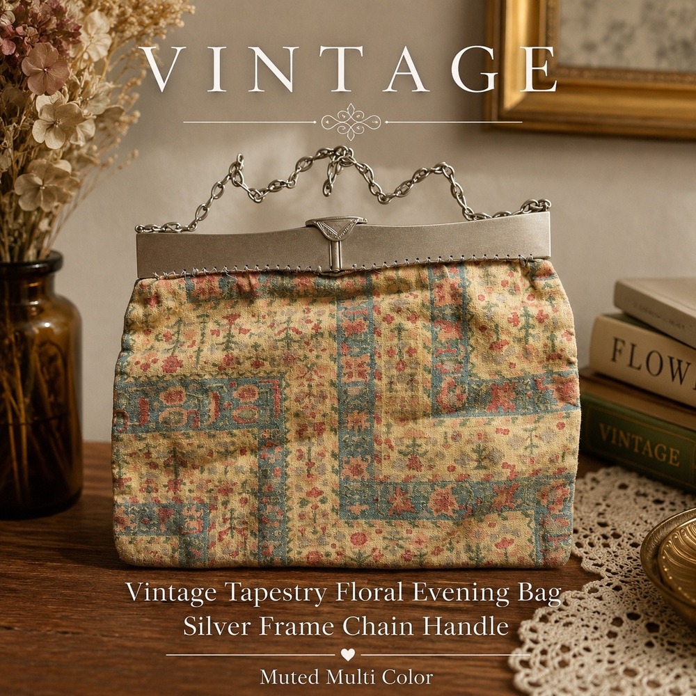 Vintage Tapestry Floral Evening Bag Silver Frame Chain Handle Muted Multi Color‎
